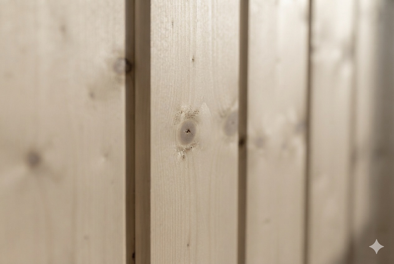 Nahaufnahme der Kiefernvertäfelung mit Astbildern