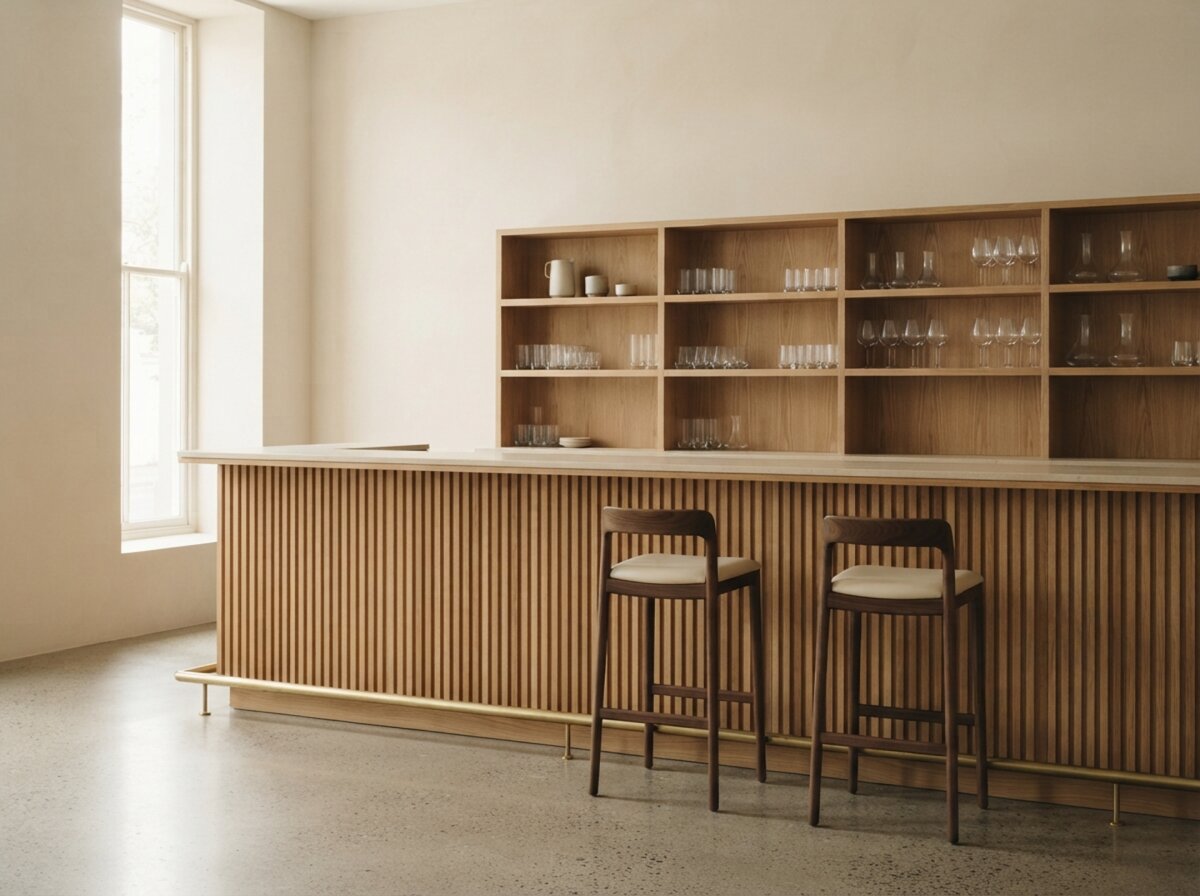 Theke aus Eiche mit Lamellenfront und Rückwand mit offenen Fächern